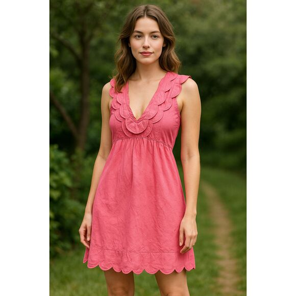 Calypso Pink Sleeveless Scallop Trimmed V Neck Silk Dress Women's Size Medium - Picture 1 of 9